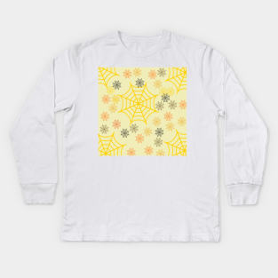 yellow black spider web halloween pattern background Kids Long Sleeve T-Shirt